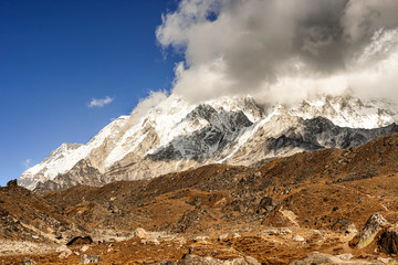 Scenic valley in Himalayan mountains on the trek to Dingboche, Nepal.
