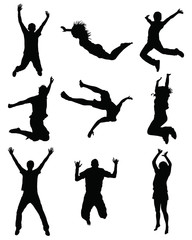 Black silhouettes of jumping on a white background