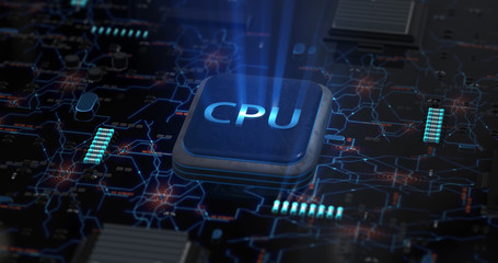 Technology background. A glowing CPU on a motherboard. 3D illustration render