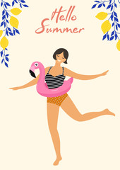 Tropical summer card with dancing girl and pool float flamingo. Vector illustration.