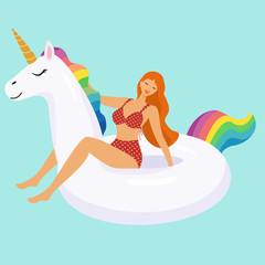 Summer template with unicorn inflatable pool float and girl in swimsuit  Vector illustration.
