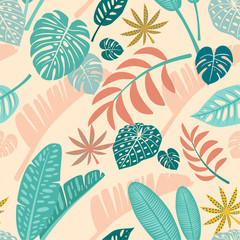 Fototapeta na wymiar Trendy tropical pattern with abstract plants design. Vector seamless texture.