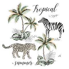 Tropical leopard, zebra animal, palm tree, leaves, white background. Print for tee shirt template, poster, card. Vector graphic illustration. Exotic jungle. Summer beach design. Paradise nature