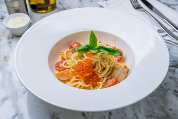 pasta with salmon and red caviar