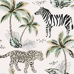 Tropical leopard, zebra animal, palm trees, leaves, beige background. Vector seamless pattern. Vintage illustration. Exotic jungle. Summer beach design. Paradise nature