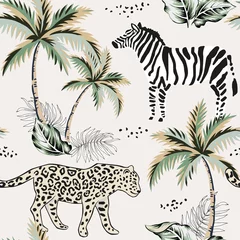 Tapeten Tropischer Leopard, Zebratier, Palmen, Blätter, beiger Hintergrund. Vektornahtloses Muster. Vintage-Illustration. Exotischer Dschungel. Sommerstranddesign. Paradiesische Natur © ojardin