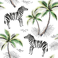 Tropical zebra animal, palm trees, leaves, white background. Vector seamless pattern. Vintage illustration. Exotic jungle. Summer beach design. Paradise nature