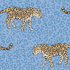 Tropical leopard animal, jaguar skin blue background. Vector seamless pattern. Graphic illustration. Exotic jungle. Summer beach design. Paradise nature