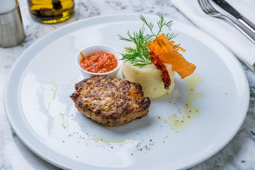 Homemade beef cutlet with mashed potatoes
