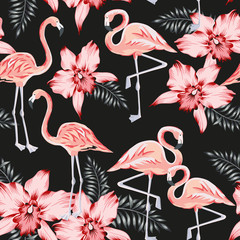 Tropische roze flamingo, orchideebloemen, palmbladeren, zwarte achtergrond. Vector naadloos patroon. Oerwoudillustratie. Exotische planten, vogels. Zomer bloemdessin. Paradijs natuur
