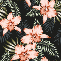 Tropische orchidee bloemen en palmbladeren boeketten, zwarte achtergrond. Vector naadloos patroon. Jungle gebladerte illustratie. Exotische planten. Zomer strand bloemmotief. Paradijs natuur