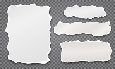Fototapeta premium Set of torn white note, notebook paper strips stuck on dark grey squared background. Vector illustration