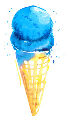 Ice cream cone berry wafer watercolor sketch blue isolated