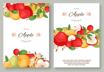 Apples fruit collection set of posters vector illustration. Bright colorful orchard or garden product. Healthy fresh and organic food. Apple brochure book cover of different color and shape.