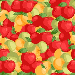 Apples seamless pattern vector illustration. Bright colorful orchard or garden product. Healthy fresh and organic food. Apple of different color and shape for menu, advertisement.