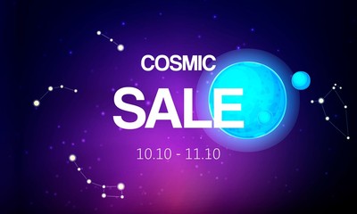 Cosmic sale banner vector illustration. Spaceship travel to new planets and galaxies. Space trip future technology. Open or outer space. Planets with satellite and constellation.