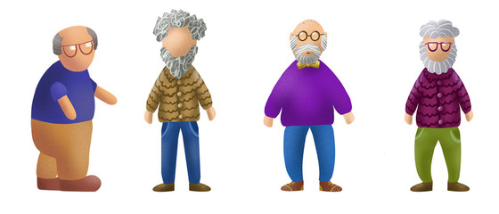 Senior activity set. Grandfather. Flat icons digital illustration. Cute and stylish elderly gray-haired man and woman glasses. New young old.