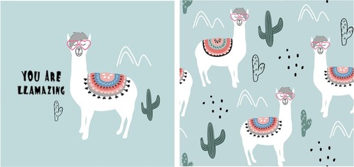 set of cute llama print and seamless pattern with llamas. vector