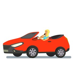 Obraz premium Happy Lady in Car .Driving Courses, Auto Salon Design Element . Vector illustration,