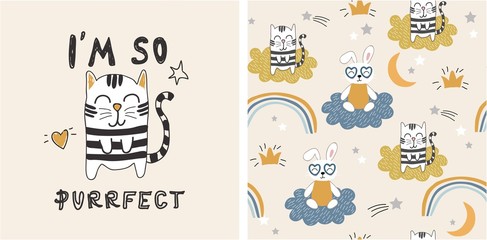 set of cute cat print and seamless pattern with cats. vector © neapol