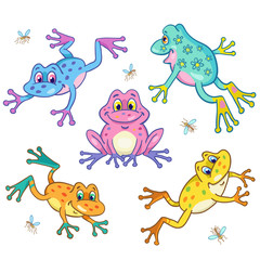 Round dance of funny colorful frogs in cartoon style. Isolated on white background.
