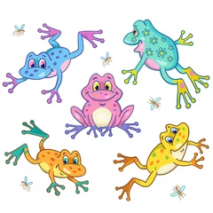 Fotobehang Round dance of funny colorful frogs in cartoon style. Isolated on white background. © Shvetsova Yulia