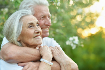 Portrait of beautiful senior couple hugging in the park