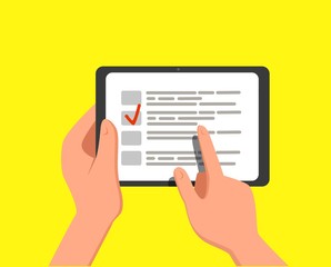 Computer tablet with checklist on screen. Online form survey, tablet with showing long quiz exam paper sheet document, online questionnaire results.