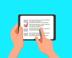 Computer tablet with checklist on screen. Online form survey, tablet with showing long quiz exam paper sheet document, online questionnaire results.