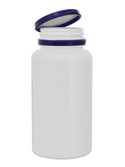 White plastic small bottle with an open cover on a white background