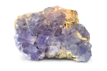 Purple fluorite cubes with barite, on a white background. 
