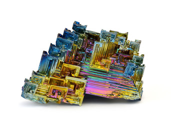 Bismuth crystals isolated on white. This is the most strongly diamagnetic element and also the...