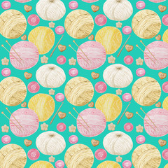 Watercolor pattern Hobby Knitting and Crocheting , Wool Yarn Cute. Collection of hand drawn balls of yarn for knitting and buttons on turquoise background