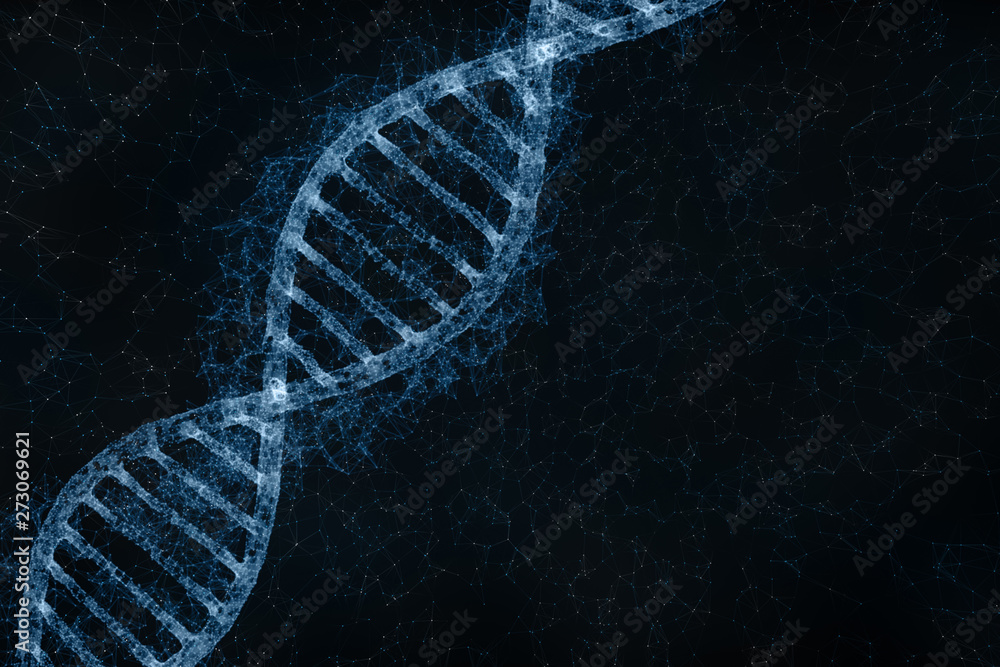 Wall mural Artistic blue colored glowy double helix dna molecule copy space background. 3d illustration.