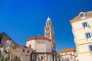 Fototapeta na wymiar Split, Dalmatia, Croatia, cathedral of Saint Domnius and Diocletian Palace in Split, Dalmatia, Croatia, historic Peristil UNESCO world heritage site