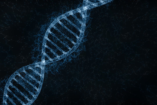 Artistic blue colored glowy double helix dna molecule copy space background. 3d illustration.