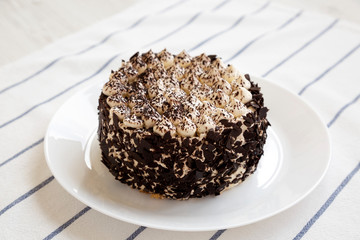 A tiramisu cake on a white plate, side view. Closeup.