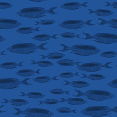 Hand drawn seemless pattern in watercolor sea world natural element. Fish in marine monochrome