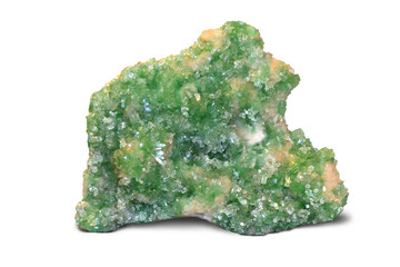 Green Apophyllite on Stilbite from India, isolated on white.