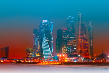 Moscow. Russia. Night Moscow city business center. Twisted skyscrapers. Evolution Tower Moscow...