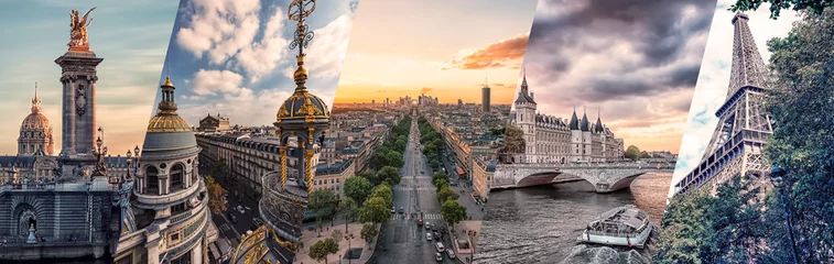 Papier Peint photo Lavable Paris Collage de monuments célèbres de Paris
