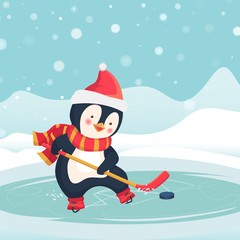 penguin play ice hockey in the winter