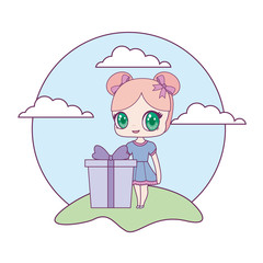 cute little doll with gift box in landscape