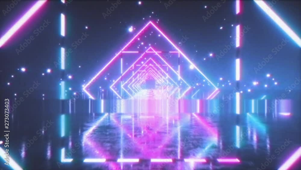 Poster flying in a retro futuristic space with glowing neon square in the style of the 80s. seamless loop 3