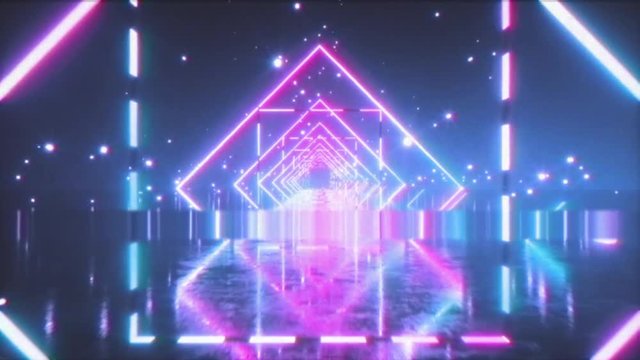 Flying in a retro futuristic space with glowing neon square in the style of the 80s. Seamless loop 3d animation. The effect of the old film cassette with noise, interference and distortion.