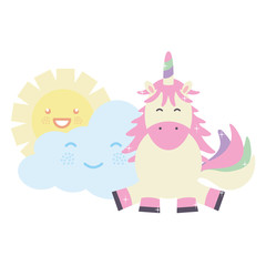 cute adorable unicorn with clouds and sun kawaii characters