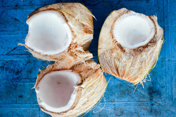 Raw Fresh Juicy Coconuts Cut On Two 
