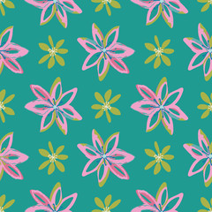 Cheerful modern floral seamless pattern in a colorful palette of teal, pink and yellow. Repeat vector tiled design, great for textiles, stationery, fashion, kids clothing, paper items and home decor.