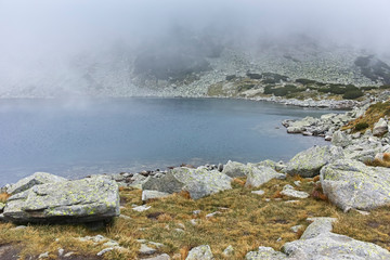 Landscape with fog over Musalenski lakes,  Rila mountain, Bulgaria