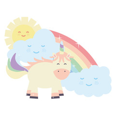 cute unicorn in rainbow with clouds and sun kawaii characters